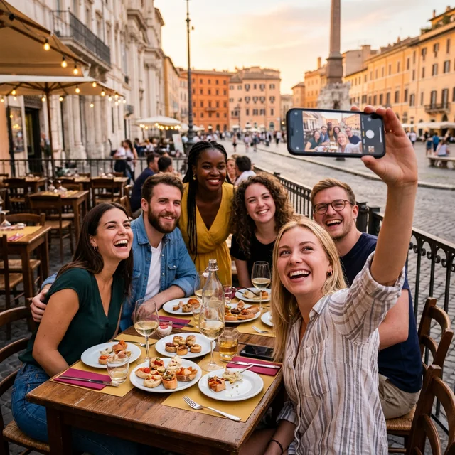 Connected group of friends at a restaurant
