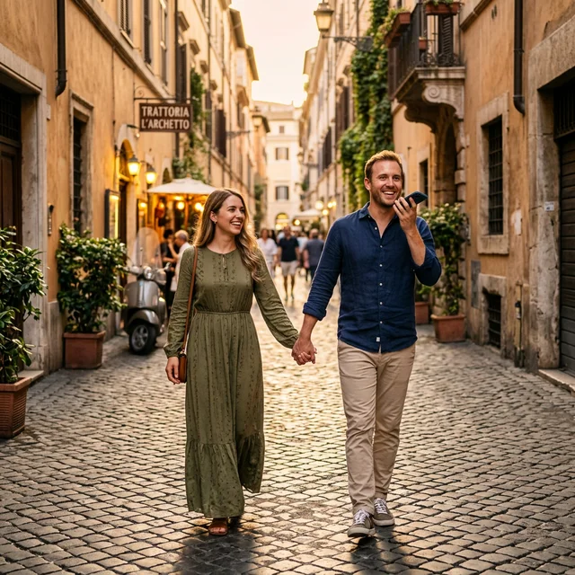 Digital travel guide in Rome cobblestone streets